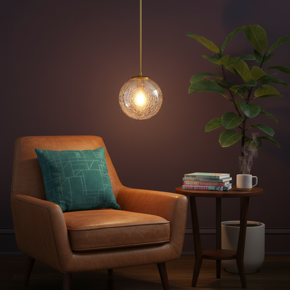 Aurelia crackled glass globe pendant light in a colorful reading corner