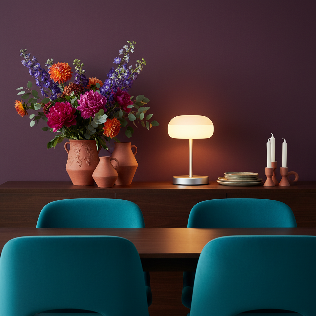Luna silver base table lamp with frosted shade in a colorful dining room