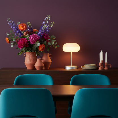 Luna silver base table lamp with frosted shade in a colorful dining room