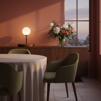 Walnut-tone orb table lamp styled in a dining nook