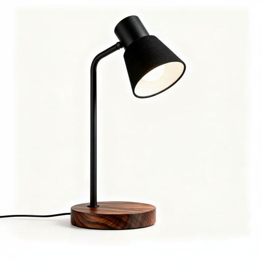Cedar Arc matte black desk lamp with a dark wood base on a white background