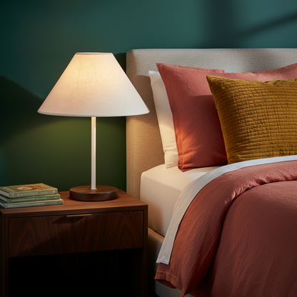 Arden white shade table lamp with wood base on a colorful bedroom nightstand