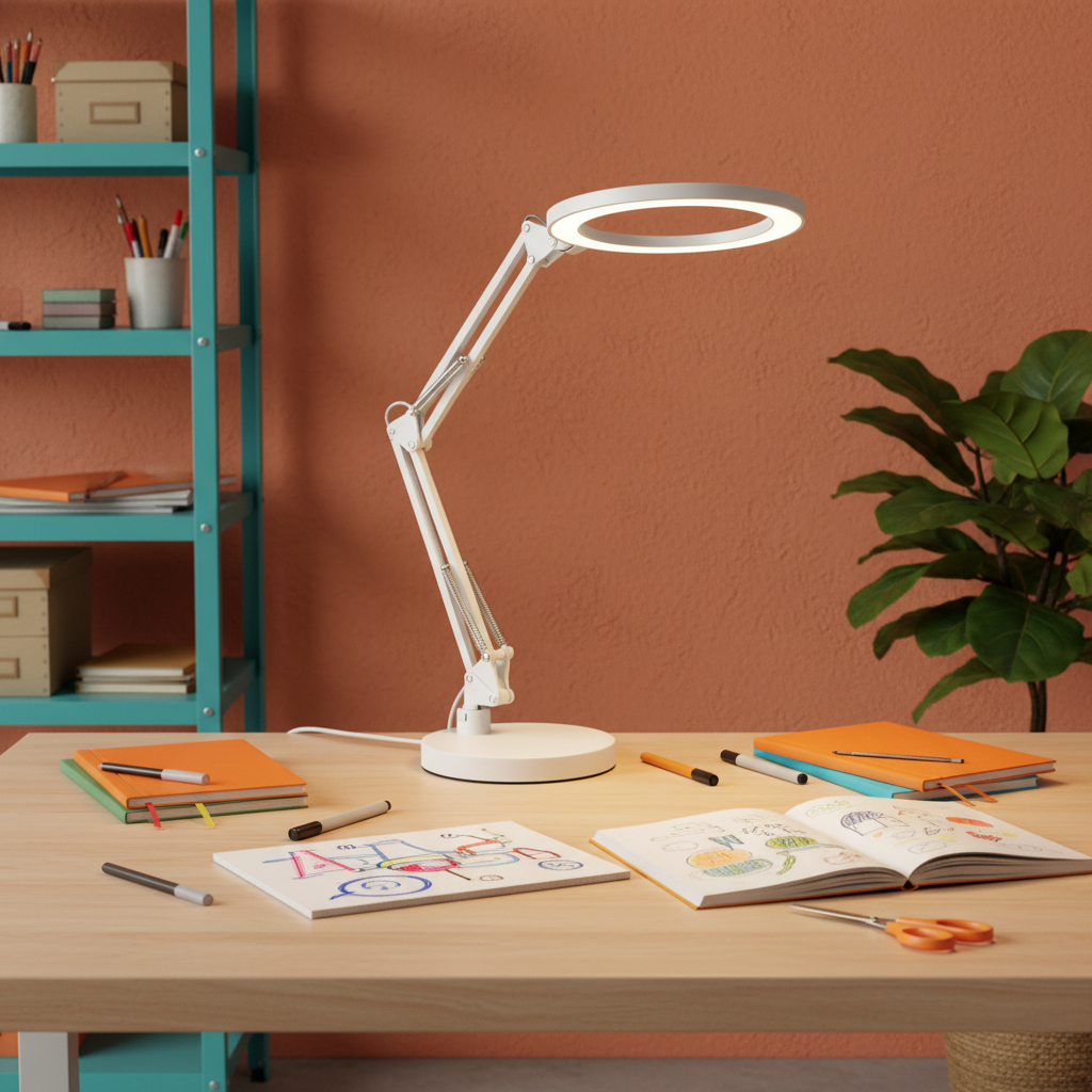Lumina Flex white articulated ring lamp in a colorful creative studio