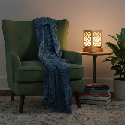 Luma lattice wood table lamp glowing in a colorful reading nook