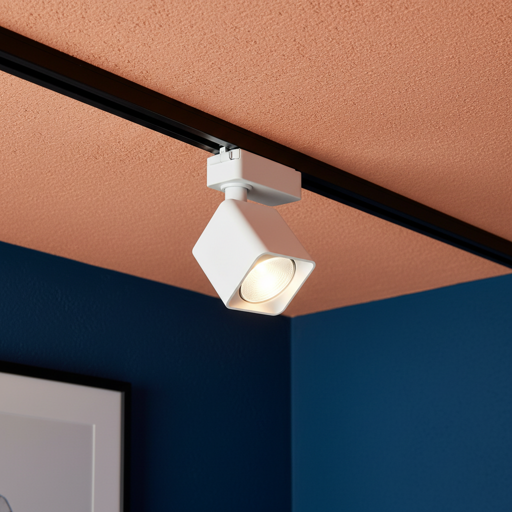 Close-up of the AeroTrack white angular spotlight, black track, and warm lens