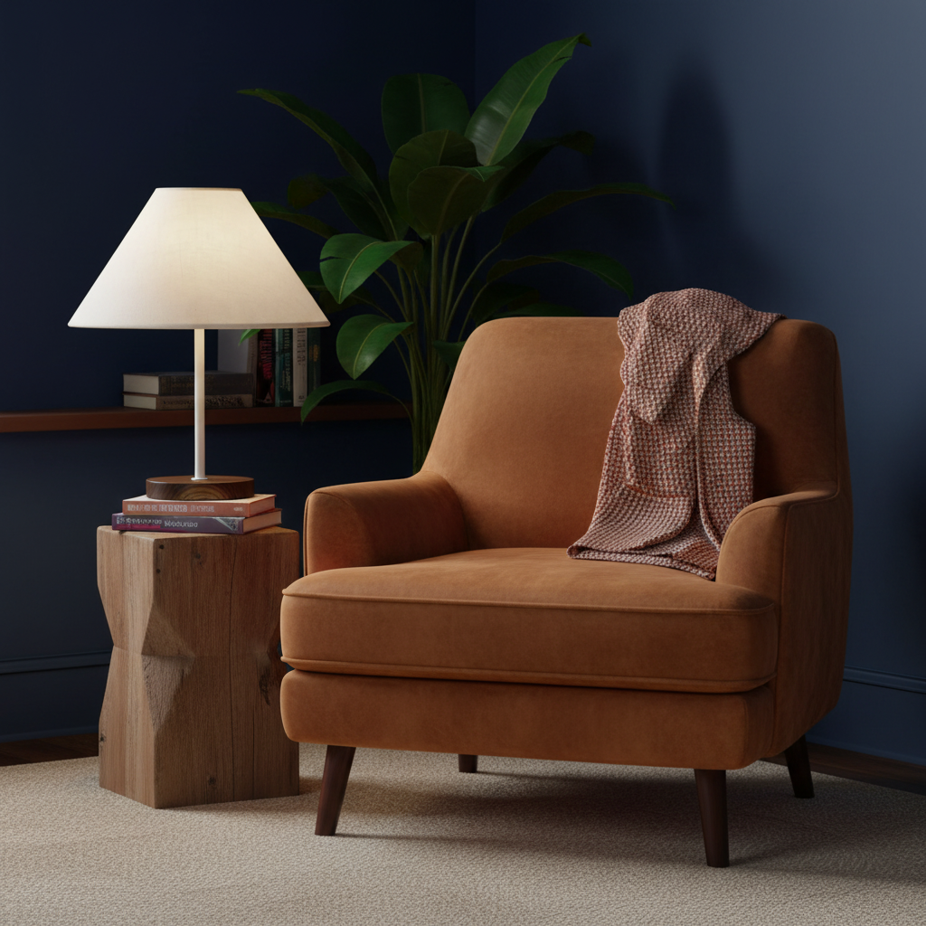 Arden white shade lamp with dark wood base beside a colorful reading chair