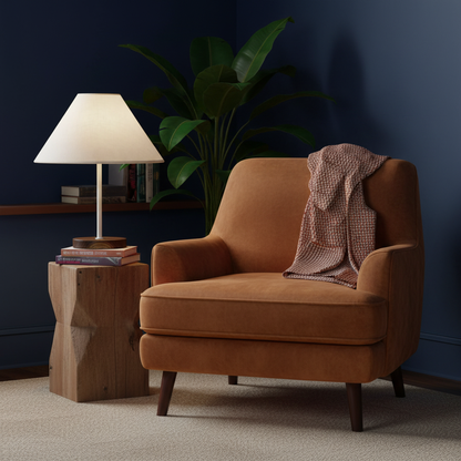 Arden white shade lamp with dark wood base beside a colorful reading chair