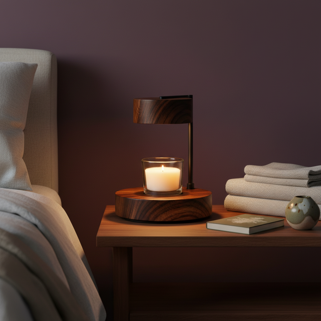 Wood-tone candlelight table lamp on a bedroom bedside table