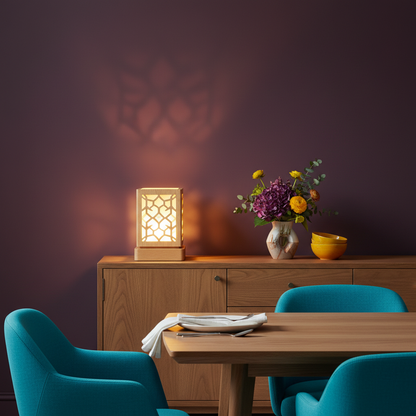 Luma lattice wood table lamp on a colorful dining room sideboard