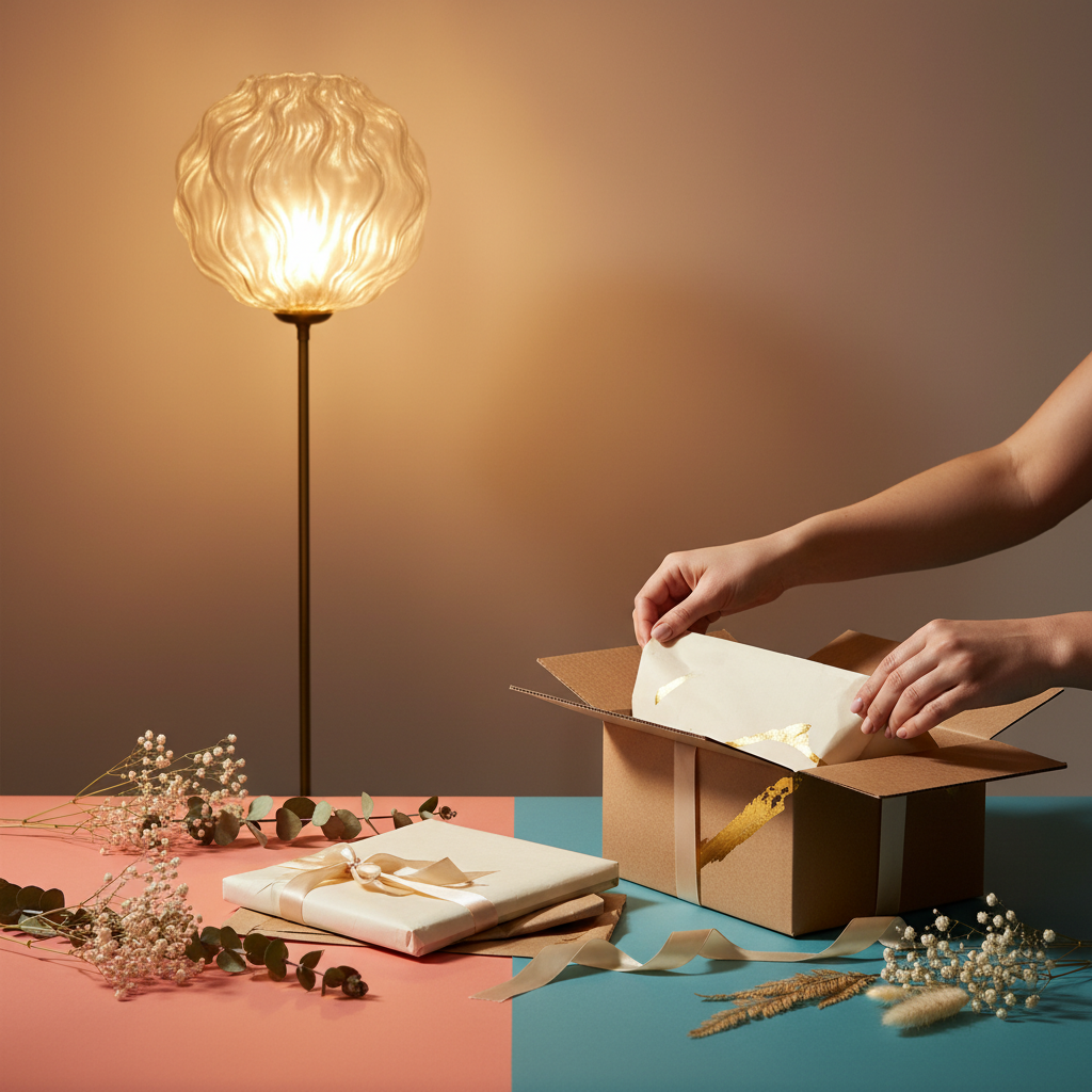 Hands opening a gift box containing the gold-tone ripple glass globe floor lamp