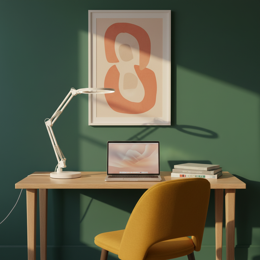Lumina Flex white spring-arm ring lamp on a colorful study desk