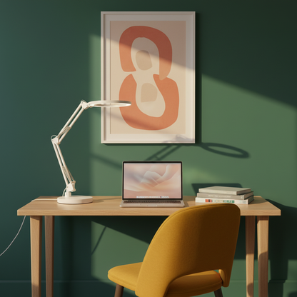 Lumina Flex white spring-arm ring lamp on a colorful study desk