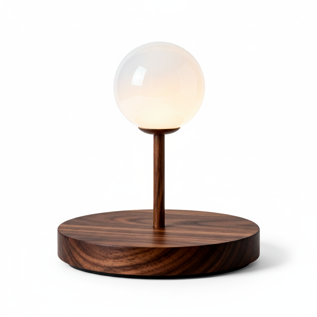 Walnut-tone orb table lamp with glowing white spherical shade on a white background