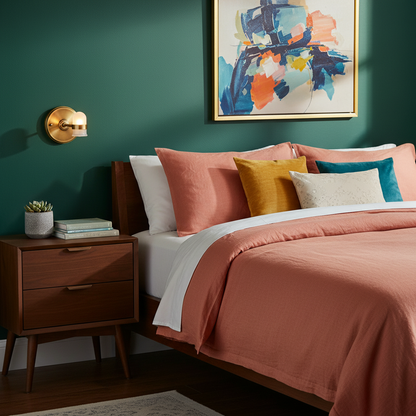 Halo brass wall sconce with frosted glass beside a colorful bedroom