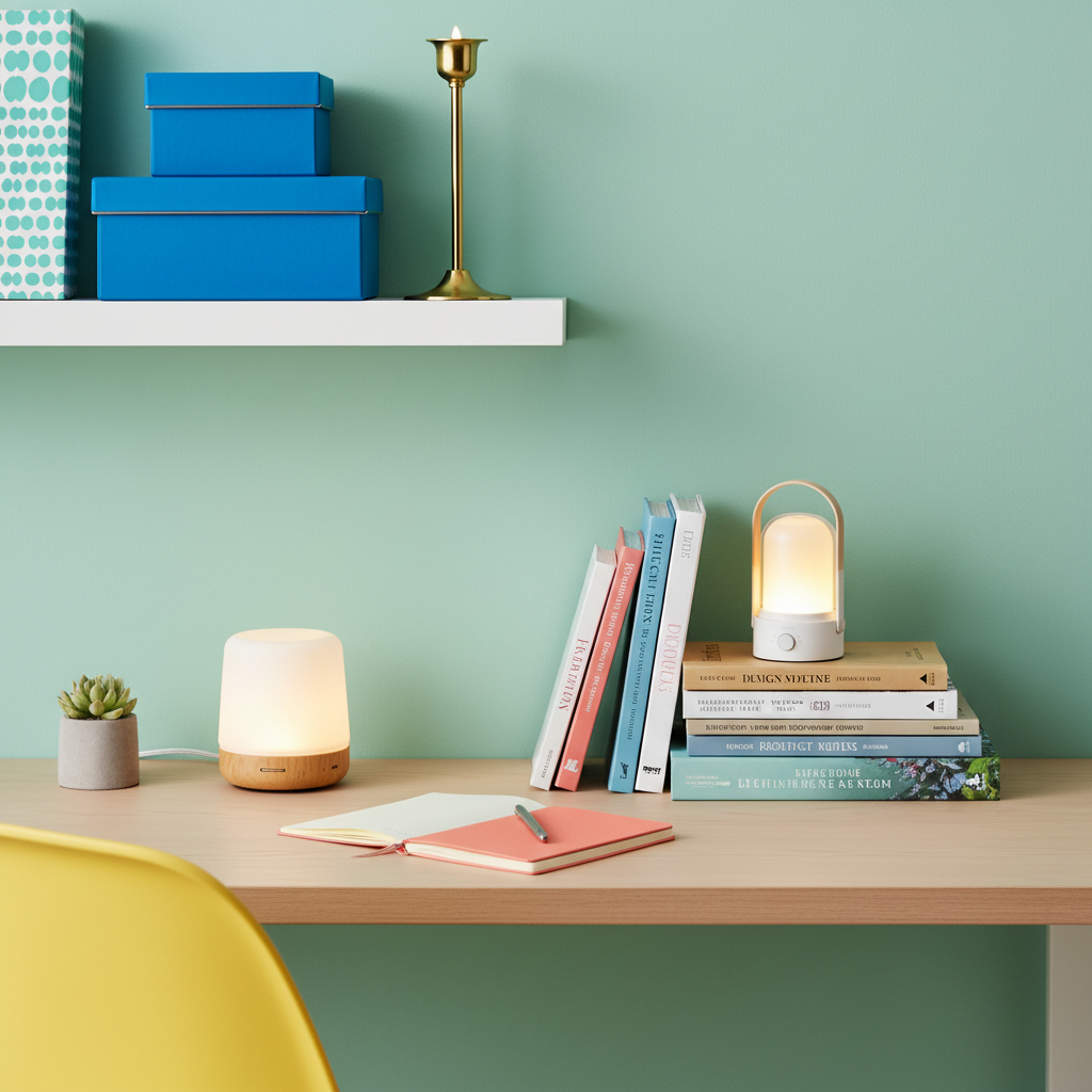 Three portable lamps styled in a bright colorful home office