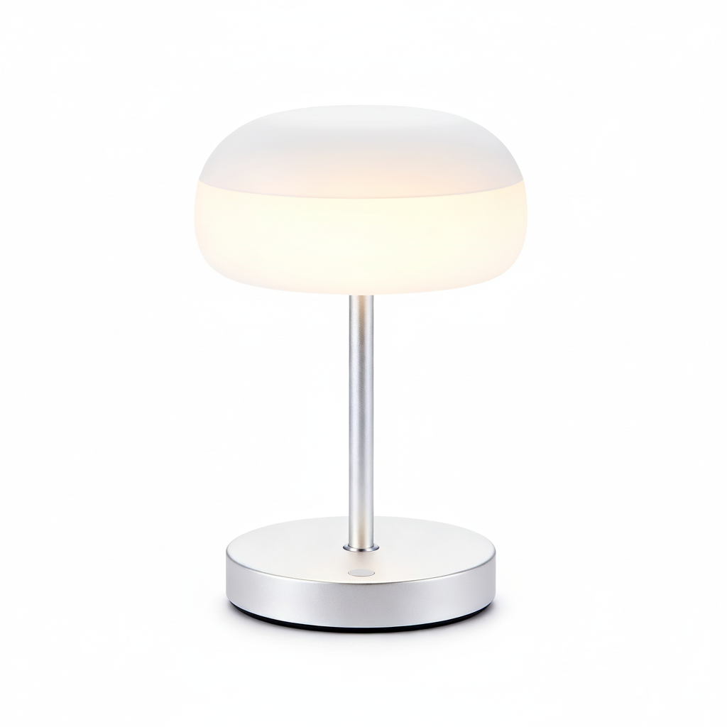 Luna compact silver table lamp with a rounded frosted shade on a white background