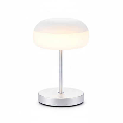 Luna compact silver table lamp with a rounded frosted shade on a white background