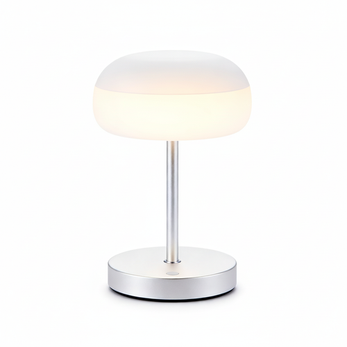 Luna compact silver table lamp with a rounded frosted shade on a white background