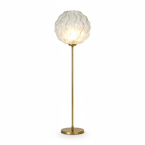 Gold-tone ripple glass globe floor lamp on a white background