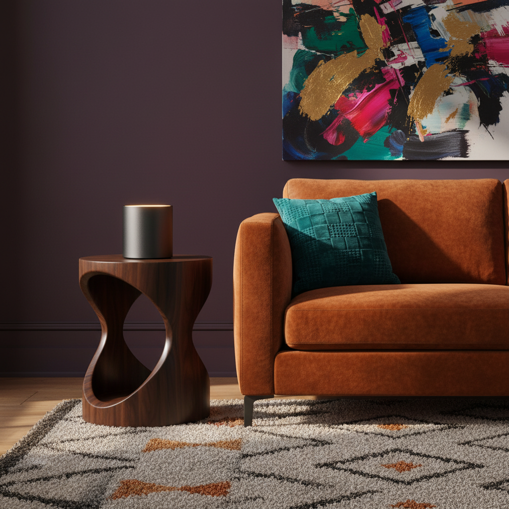 Noir Halo matte black table lamp glowing beside a colorful living room sofa