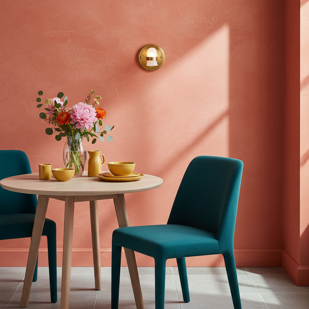Halo brass wall sconce with frosted glass in a colorful dining nook