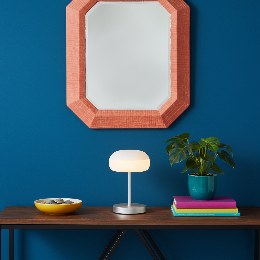 Luna silver table lamp with rounded frosted shade on a colorful entryway console