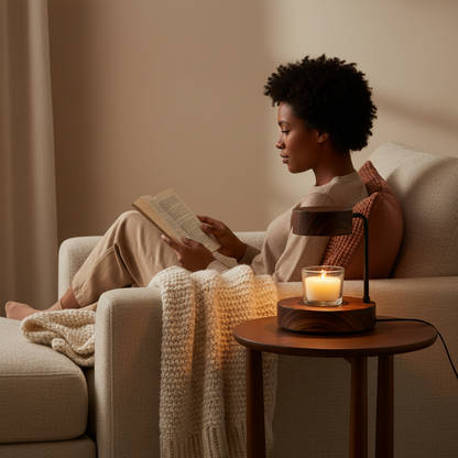 Person reading beside the glowing wood-tone candlelight table lamp