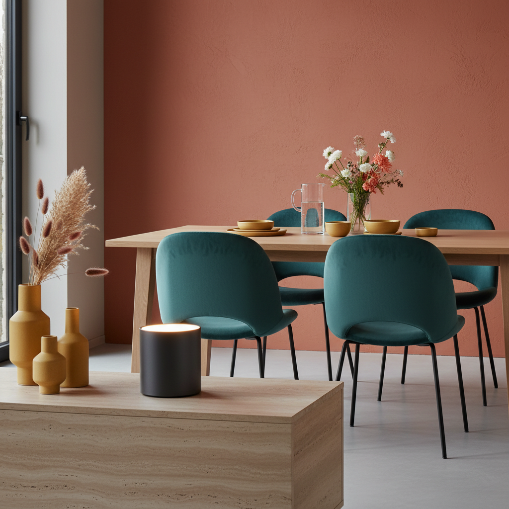 Noir Halo matte black table lamp styled on a colorful dining room sideboard