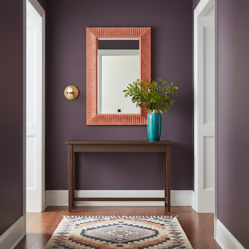 Halo brass frosted glass wall sconce on a colorful hallway wall