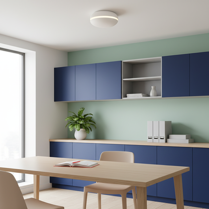 HaloDisc round white ceiling light above a colorful home office