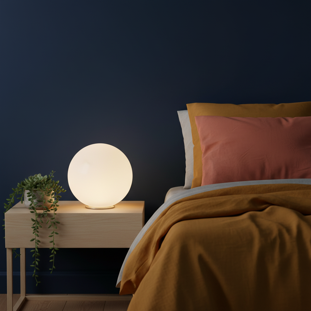 Orbelle glowing white globe lamp on a colorful bedroom nightstand