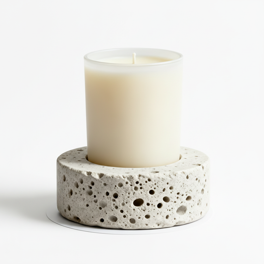 Porous white stone-look candle holder with cream pillar candle on a white background