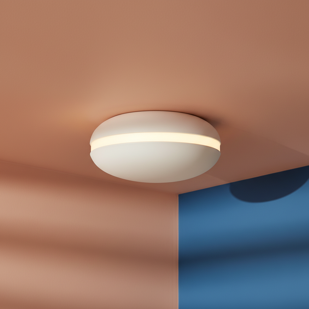 Close-up of the HaloDisc low-profile circular ceiling light and warm glowing band