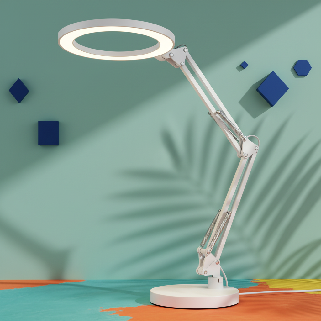 Close-up of the Lumina Flex white ring head, spring arm, pivots, and round base