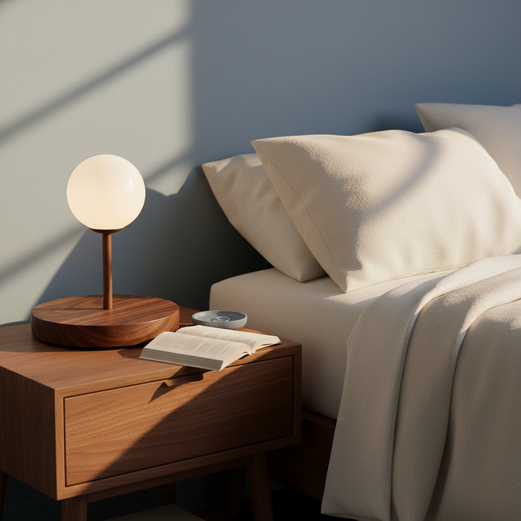 Walnut-tone orb table lamp on a bedroom bedside table
