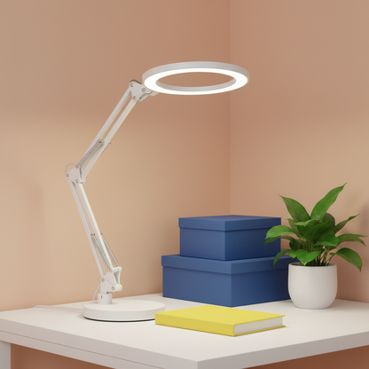 Lumina Flex white ring desk lamp on a colorful minimalist desk