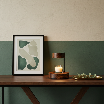 Wood-tone candlelight table lamp styled on an entryway console