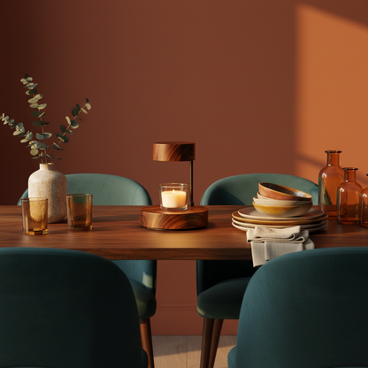 Wood-tone candlelight table lamp styled beside a dining setting
