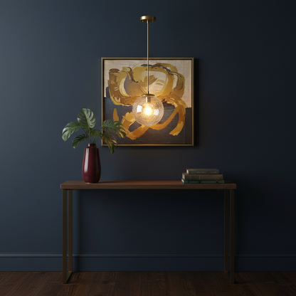Aurelia polished brass pendant light in a colorful hallway interior