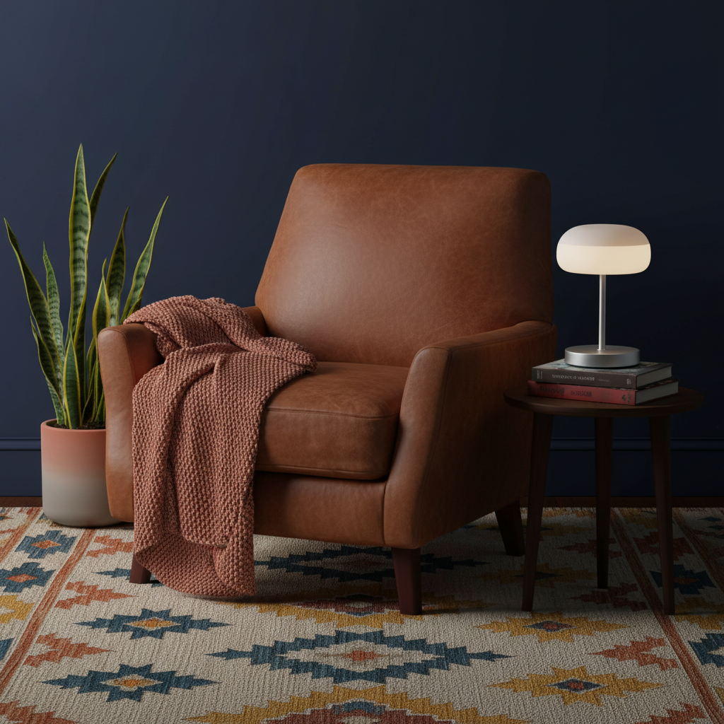 Luna compact silver table lamp beside a colorful reading chair