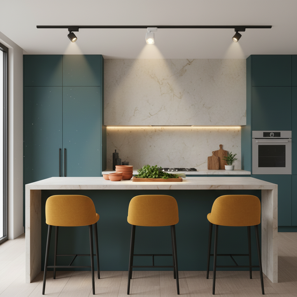 AeroTrack white adjustable track light above a colorful kitchen island