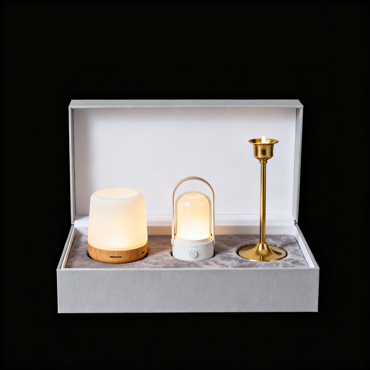 Open presentation box with three distinct portable lamps