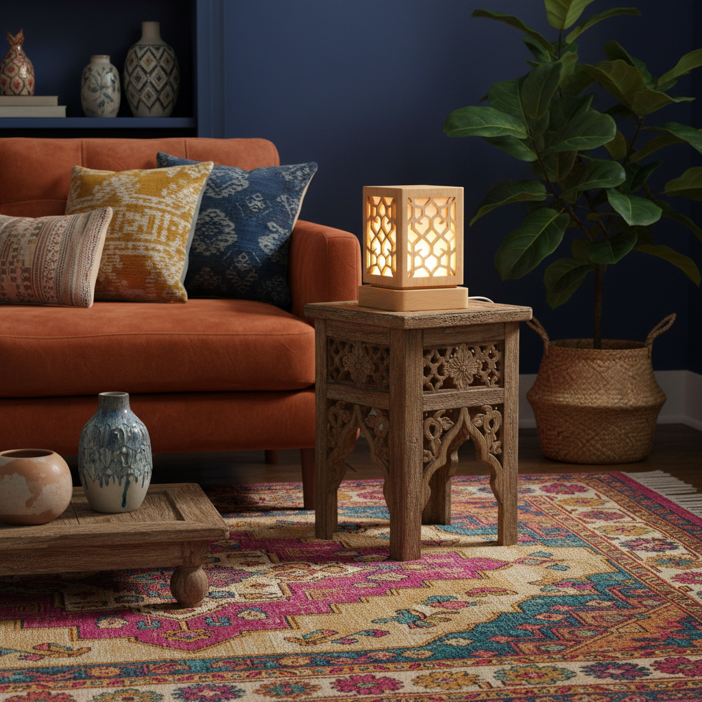 Luma lattice wood table lamp in a colorful bohemian living room