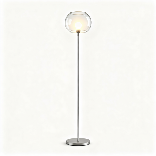 Solara tall floor lamp with a clear glass globe and brushed silver base on a white background