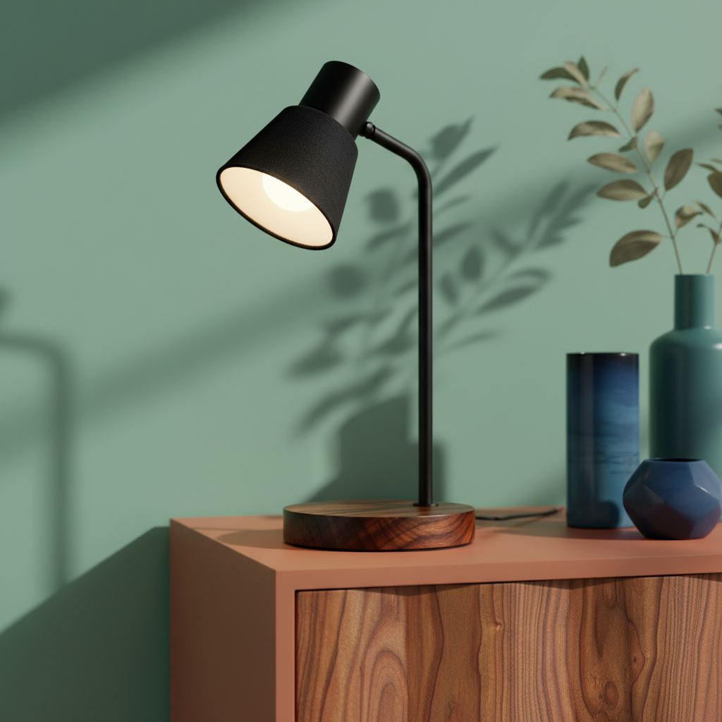 Close-up of the Cedar Arc matte black shade and dark wood lamp base