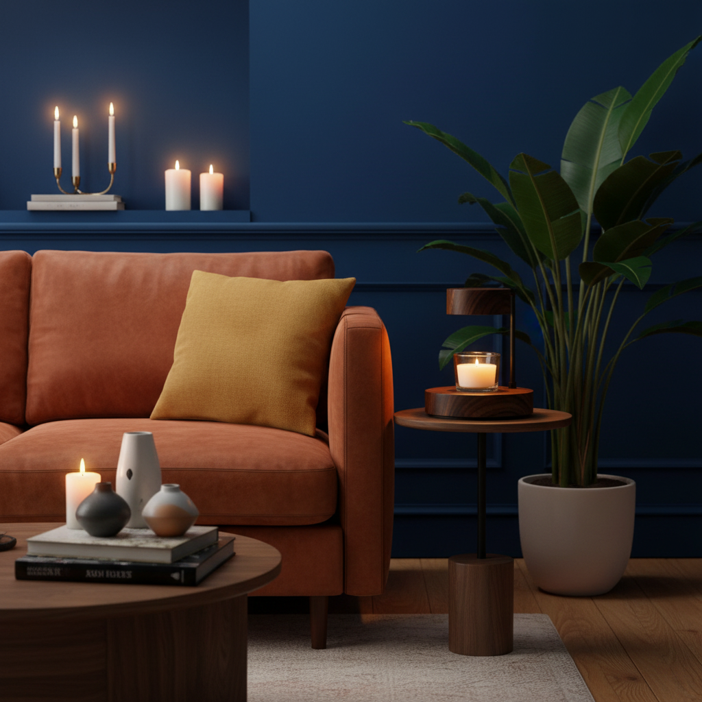 Wood-tone candlelight table lamp styled in a colorful living room