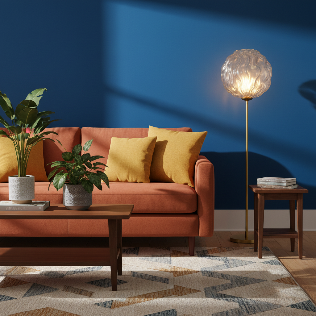 Gold-tone ripple glass globe floor lamp in a colorful modern living room
