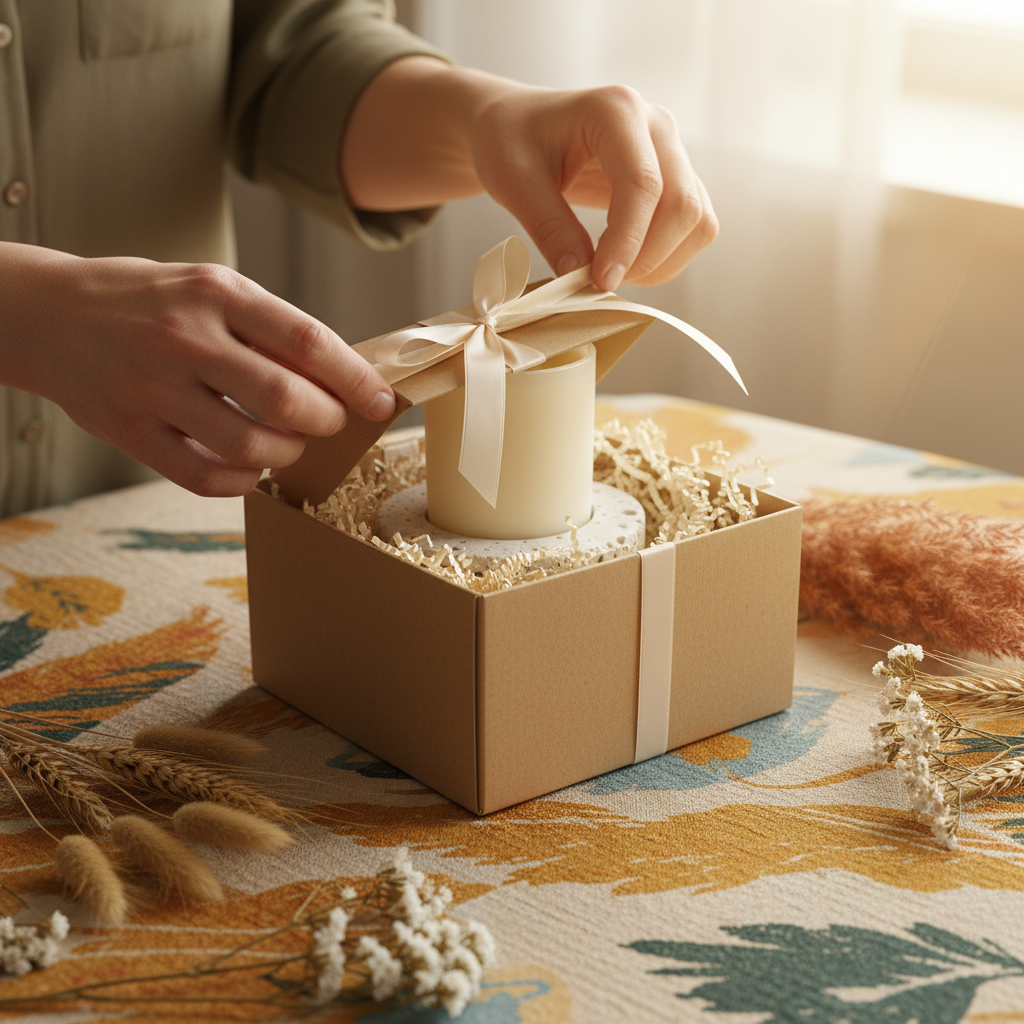 Hands opening a gift box containing a porous stone candle holder