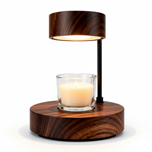 Wood-tone decorative candlelight table lamp on a pure white background
