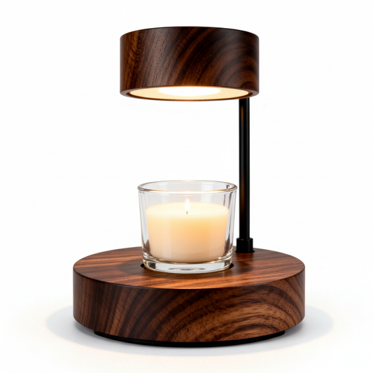 Wood-tone decorative candlelight table lamp on a pure white background